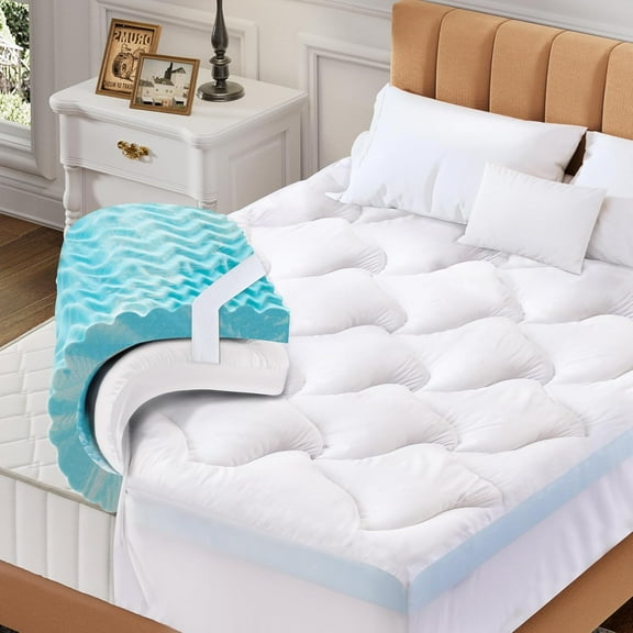 HUANG Dual Layer 3 Inch Memory Foam Mattress Topper Queen - 2 Inch Cooling 5-Zone Gel + 1 Inch Pillow Top, Deep Pocket, Back Pain Support