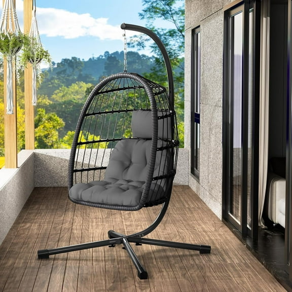 HUANG Egg Chair with Stand - Rattan Wicker Hanging Swing with UV Cushion, 350 lbs Capacity, Grey