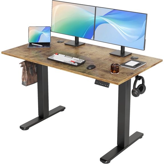 HUANG Electric Height Adjustable Standing Desk, 48x24 Inch with T-Shaped Frame, 3 Memory Buttons, Black Frame/Rustic Brown Top