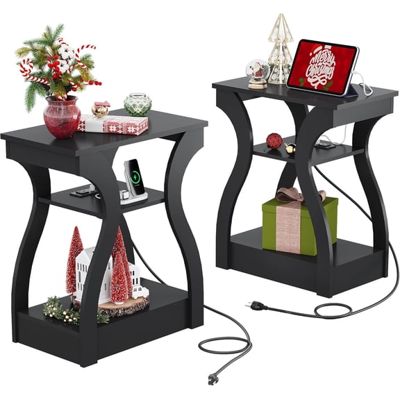 HUANG End Table Set of 2 with Charging Station & 3 Tiers - Black Side Table Nightstand with USB Ports & Storage Shelf for Living Room Bedroom