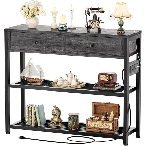 HUANG Entryway Table with Outlets and USB Ports, Small Console Table with 2 Drawers and Storage Shelves for Living Room, Couch, Hallway, Foyer, 32", Grey Oak