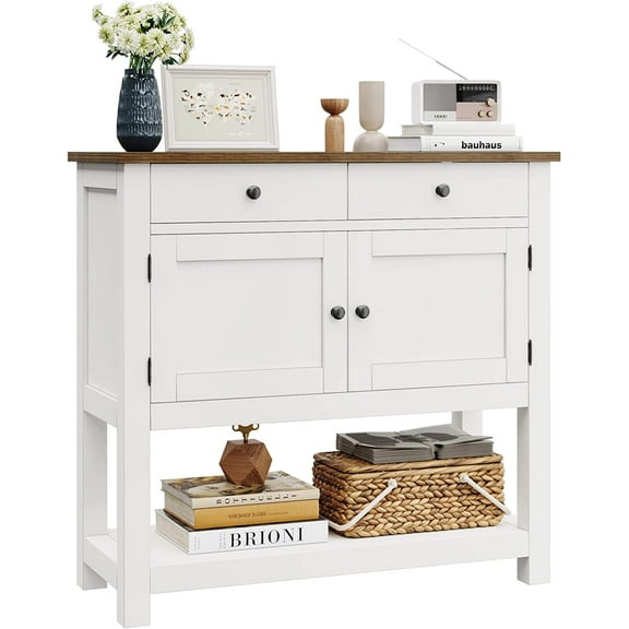 HUANG Farmhouse Console Table with 2-Door Cabinet & 2 Drawers, Coffee Bar Entryway Table with Storage, White, for Kitchen, Hallway, Dining, Living Room