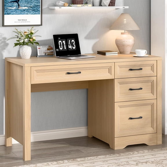 HUANG Farmhouse Executive Desk with Ample Storage & File Drawer, Natural