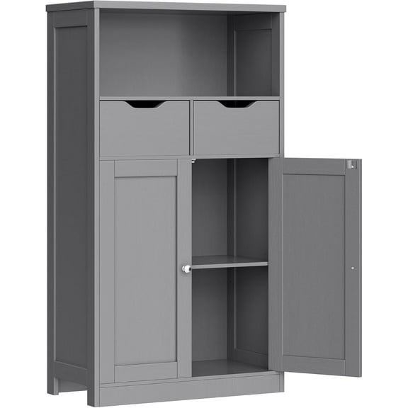 HUANG Farmhouse Freestanding Pantry Cabinet with 2 Drawers & Shelves, Grey, for Bathroom & Living Room