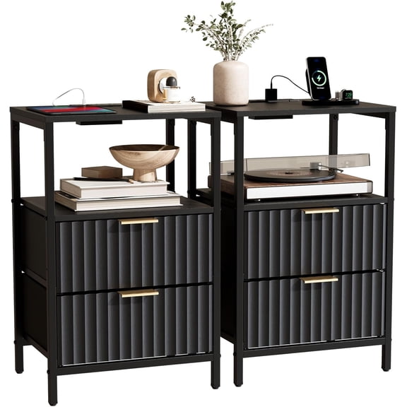 HUANG Fluted Nightstand Set of 2 with Fabric Drawers & Charging Station - Black Bedside End Table with Shelf for Dorm Living Room