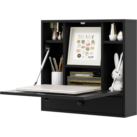HUANG Folding Wall Desk, Wood Wall Mounted with Storage Drawer & Shelves, Black