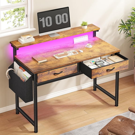 HUANG Gaming Desk with LED Lights & 2 Drawers, 31.5 Inch with Side Pocket & Monitor Stand, Rustic Brown