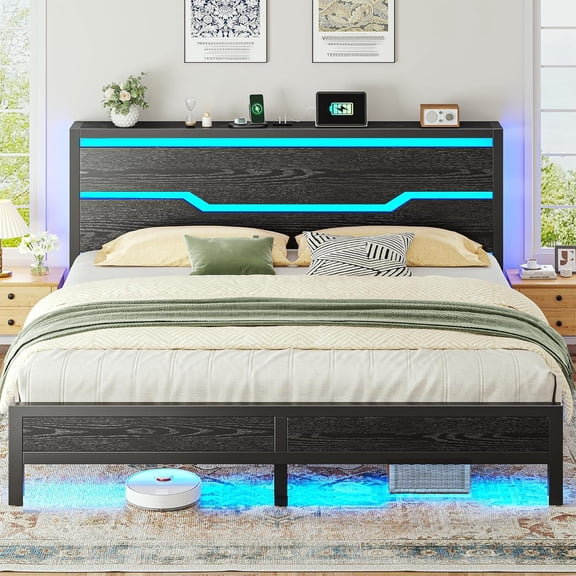 HUANG King Bed Frame with LED Lights & Charging Station, Metal Platform, 13" Under Bed Storage, Modern Black, Noise-Free