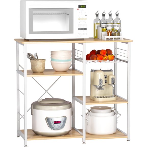 HUANG Kitchen Bakers Rack with Storage Stand, Kitchen Baker鈥榮 Rack, 35.4" Free Standing Utility Storage Microwave Stand for Baker's Rack, Maple