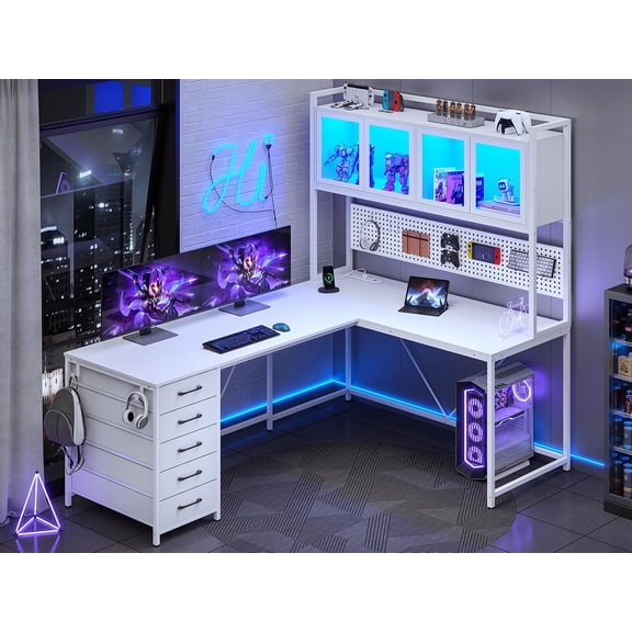 HUANG L-Shaped Gaming Desk with Drawers, Hutch, Pegboard & LED Lights, White