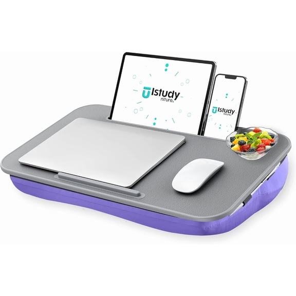 HUANG Lap Desk, Portable Laptop Desk & Stand for 17" Laptops, Washable Cushion & Phone Holder, Purple
