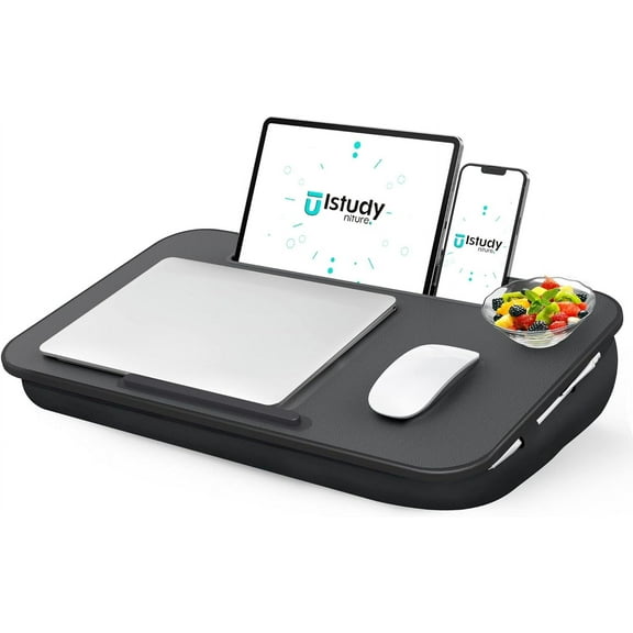 HUANG Lap Desk, Portable Laptop Stand with Washable Cushion, Device Ledge & Phone Holder, Black