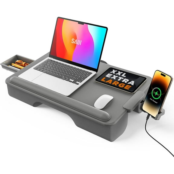 HUANG Lap Desk with Cushion, Built-in Drawer Storage, Phone Holder & Wrist Pad