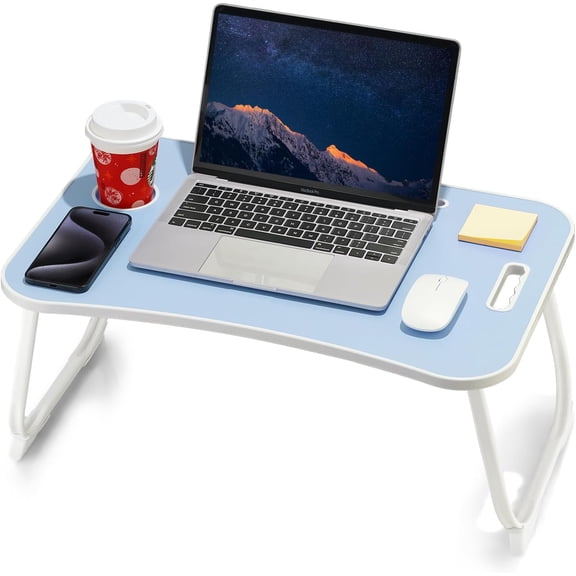 HUANG Laptop Bed Desk, Foldable Lap Table with Cup Holder, Tablet Slot & Handle, Blue