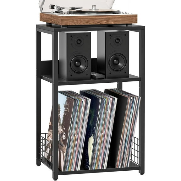 HUANG Large 3-Tier Record Player Stand & End Table - Black Industrial Turntable Table with Vinyl Storage (Up to 130 Albums)