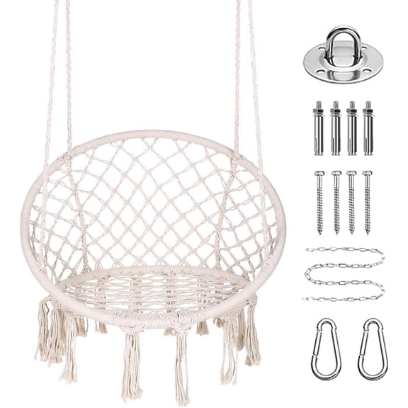 HUANG Macrame Hammock Chair with Cushion - Boho Hanging Swing with Hardware Kit, Beige