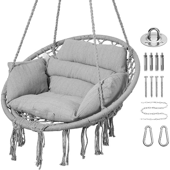 HUANG Macrame Hammock Chair with Cushion - Boho Hanging Swing with Hardware Kit, Light Grey