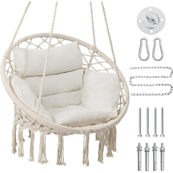 HUANG Macrame Hammock Chair with Medium Cushion - Hanging Swinging Chair for Indoor/Outdoor, Beige