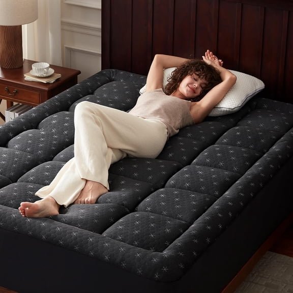 HUANG Memory Foam Mattress Topper Queen for Back Pain - Down Alternative Pillow Top, 8-21 Inch Deep Pocket, 60x80 Inches, Dark Grey