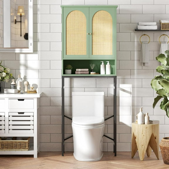 HUANG Rattan Over The Toilet Storage Cabinet with Rattan Door & Metal Stand - Foam Green