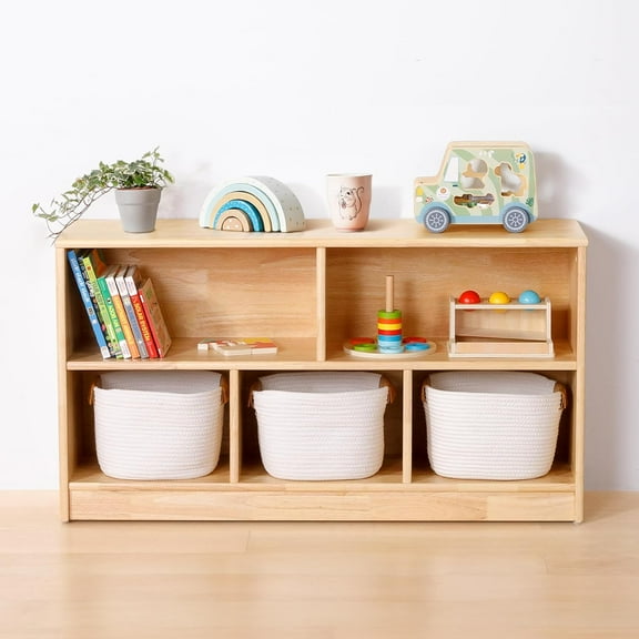 HUANG Rubber Wood 5-Compartment Montessori Shelf - 43.3" L, 2-Tier Toy Organizer