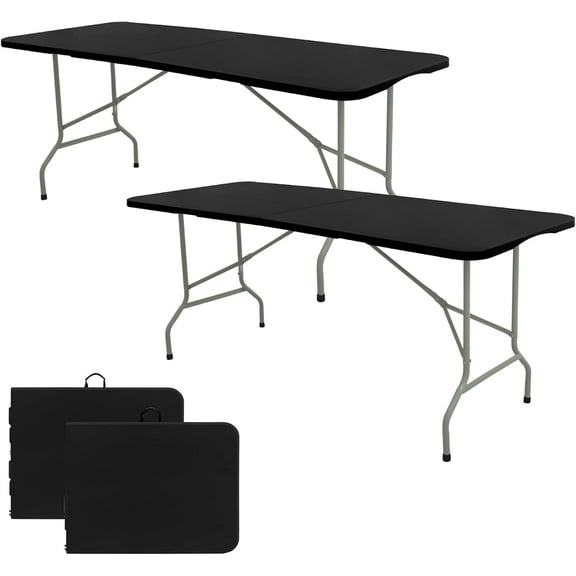 HUANG Set of 2 Folding Tables 5 FT Black - Portable Heavy Duty Plastic Rectangular Outdoor Dining Table with Steel Legs & Carry Handle for Indoor Picnic Party Wedding Events