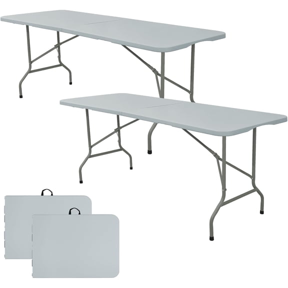 HUANG Set of 2 Folding Tables 5 FT Gray - Portable Heavy Duty Plastic Rectangular Outdoor Dining Table with Steel Legs & Carry Handle for Indoor Picnic Party Wedding Events