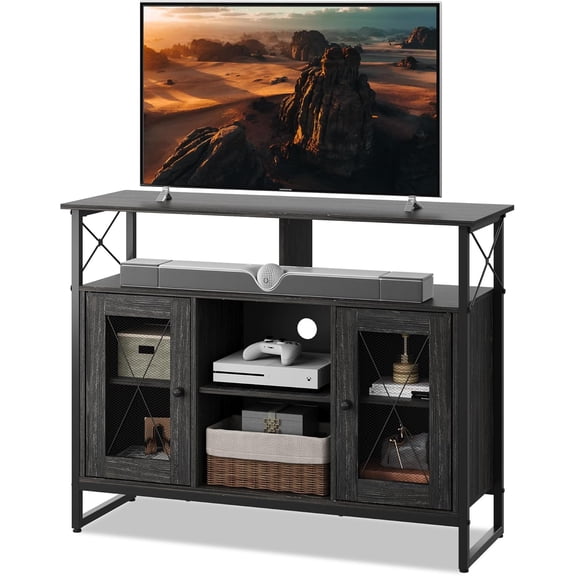 HUANG Small TV Stand for 43 Inch TVs, Black Farmhouse Industrial Entertainment Center with Adjustable Shelves