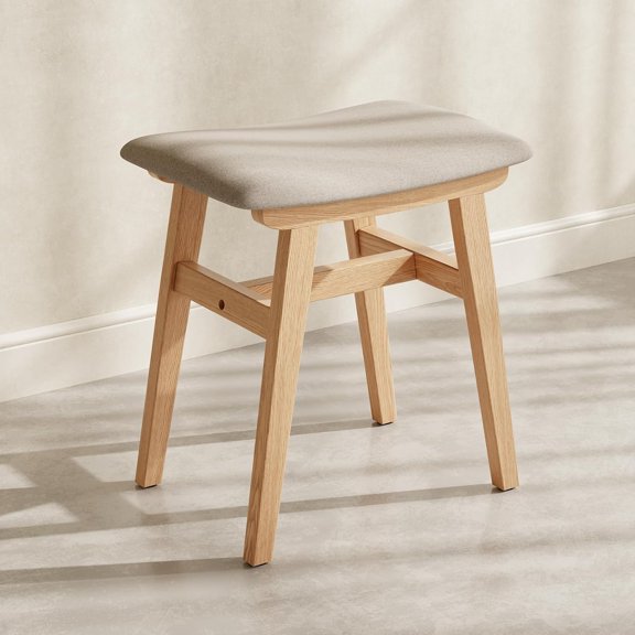 HUANG Solid Wood Vanity Stool, Compact Makeup Chair with Saddle Cushion, Linen-Covered High Rebound Sponge Seat, Easy Assembly Footstool for Bedroom, Entryway, Home, Natural