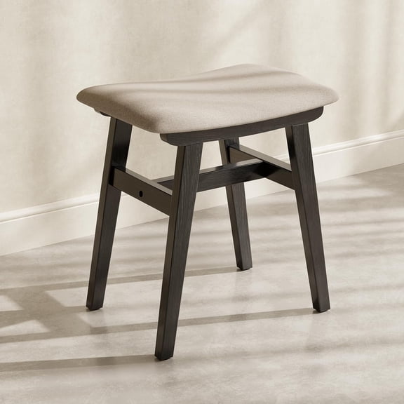 HUANG Solid Wood Vanity Stool, Compact Makeup Chair with Saddle Cushion, Linen-Covered High Rebound Sponge Seat, Easy Assembly Footstool for Bedroom, Entryway, Home, Black