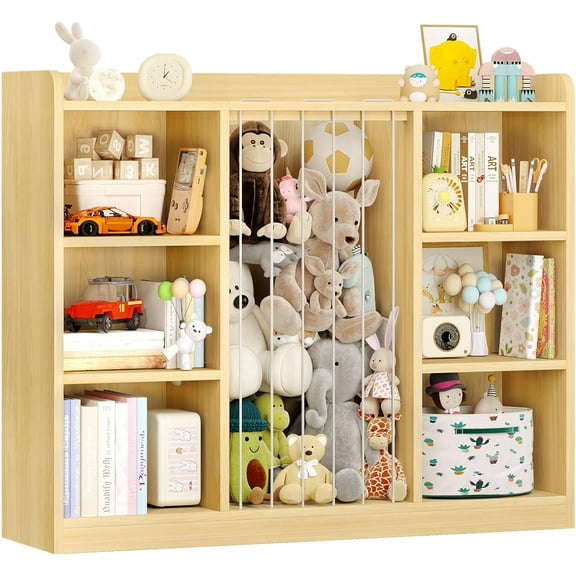 HUANG Toddler Stuffed Animal Zoo Toy Organizer - 8-Cubby Book Shelf with Elastic Bands, Maple Wood