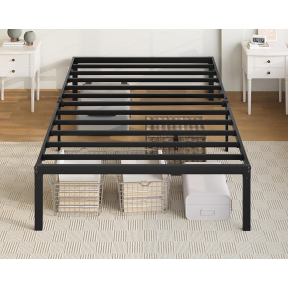 HUANG Twin Metal Platform Bed Frame with Storage Space, 14 Inch Height, Black, No Box Spring Needed, Easy Assembly
