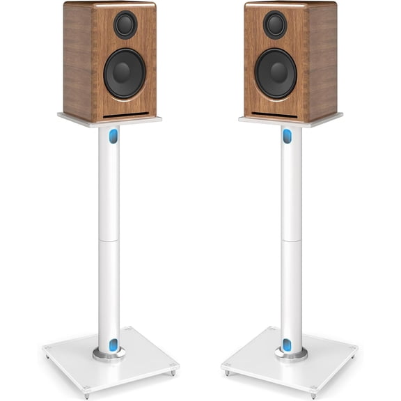 HUANG Universal Floor Speaker Stands Pair, 28 Inch Height with Cable Management, Holds 22lbs for Bookshelf & Satellite Speakers, White
