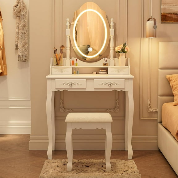 HUANG Vanity Desk with Mirror and Lights, Modern Vanity Makeup Table and Cushioned Stool Set with 4 Drawers, 3 Color Lighting Modes with Adjustable Brightness, Dressing Table Set for Bedroom, White
