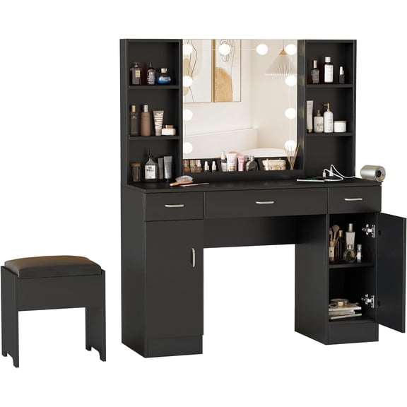 HUANG Vanity Desk with Lights and Mirror, Makeup Vanity Table with Charging Station, 45" Big Vanity Set with Storage Stool, Black