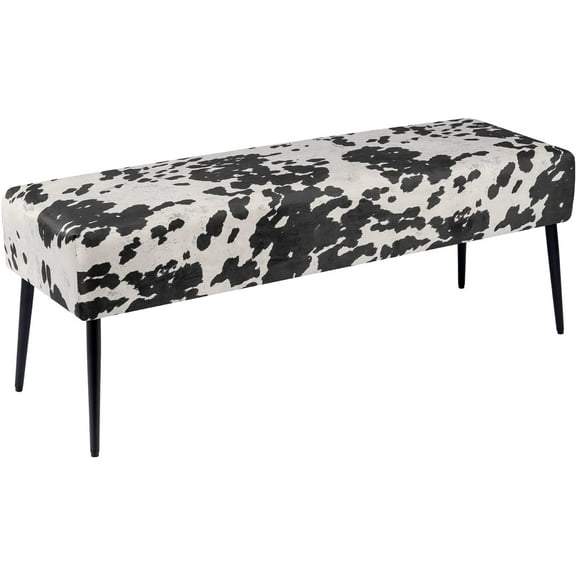 HUANG Velvet Bench Ottoman, Upholstered Bedroom Bench, Cow Print End of Bed Bench with Black Metal Base for Entryway, Dining Room, Living Room, Bedroom, Black