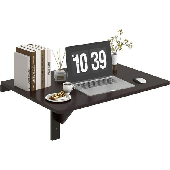 HUANG Wall Mounted Folding Desk Brown - Fold Down Drop Leaf Table, Floating Laundry Desk for Small Spaces, Study Kitchen Home Office