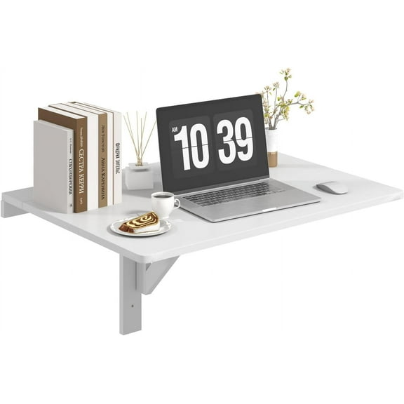 HUANG Wall Mounted Folding Desk White - Fold Down Drop Leaf Table, Floating Laundry Desk for Small Spaces, Study Kitchen Home Office