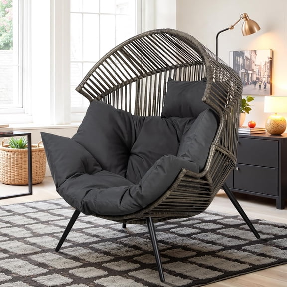 HUANG Wicker Egg Chair PE Rattan with Cushion, Oversized Patio Lounge Chair for Indoor/Outdoor – Black/Rattan