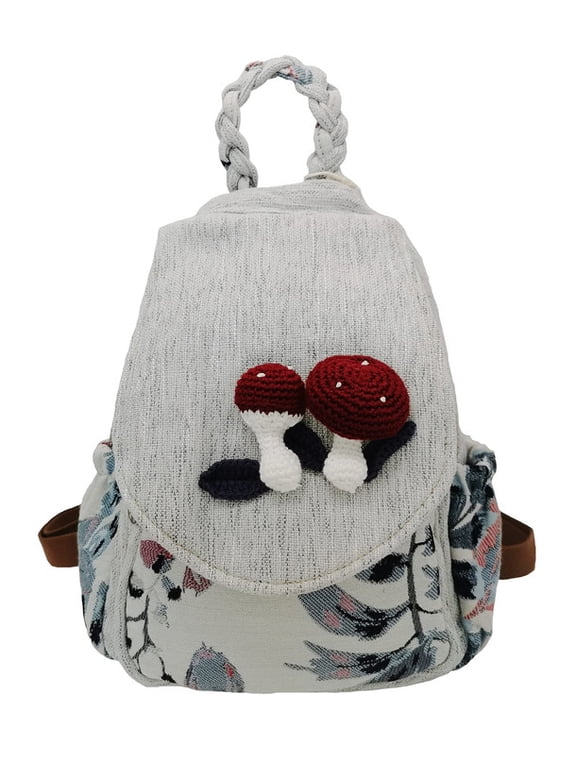 Women Cotton Woven Hippie Hemp Boho Canvas Embroidery Multi Pocket Retro Cute Backpack Wallet Backpack(Mushroom)