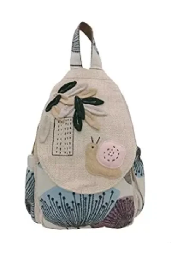 Women Cotton Woven Hippie Hemp Boho Canvas Embroidery Multi Pocket Retro Cute Backpack Wallet Backpack(Snails)