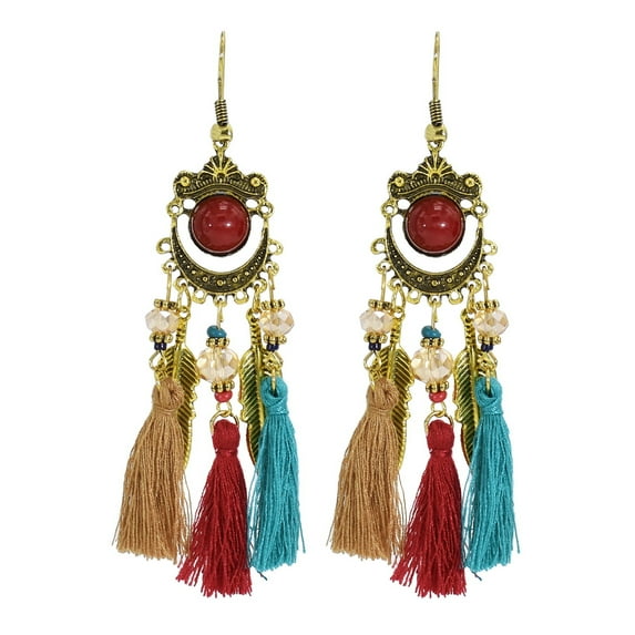 HUANLEDASH 1 Pair Bohemia Style Dangle Earrings Tassel Leaf Dangle Long Style Earrings Beads Decor Vintage Dating Banquet Earrings Jewelry Gift