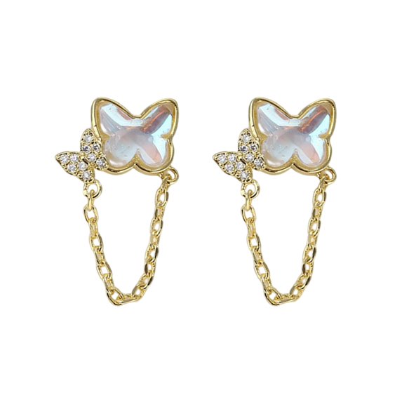 HUANLEDASH 1 Pair Ear Studs Mini Faux Moonstone Elegant Rhinestone Embedded Butterflies Chain Women Earrings Fashion Jewelry