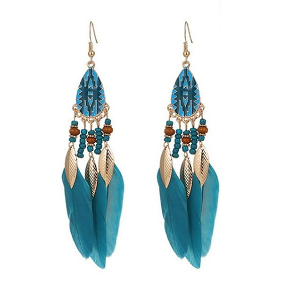 HUANLEDASH 1 Pair Hook Earrings Ethnic Style Water-drop Pendant Beaded Personality Eye-catching Decoration Hypoallergenic Artificial Feather Vintage Dangle Earrings Jewelry Accessory