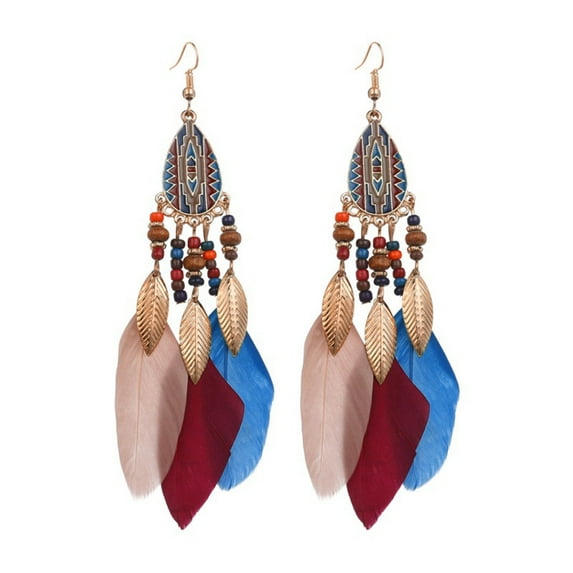 HUANLEDASH 1 Pair Hook Earrings Ethnic Style Water-drop Pendant Beaded Personality Eye-catching Decoration Hypoallergenic Artificial Feather Vintage Dangle Earrings Jewelry Accessory
