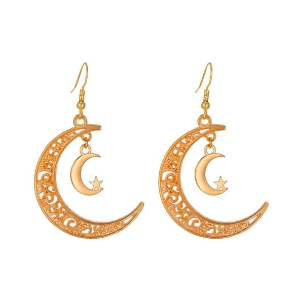 HUANLEDASH 1 Pair Retro Star Moon Hook Earrings Female Double Moon Hollow Design Drop Earrings Ethnic Style Jewelry Accessories