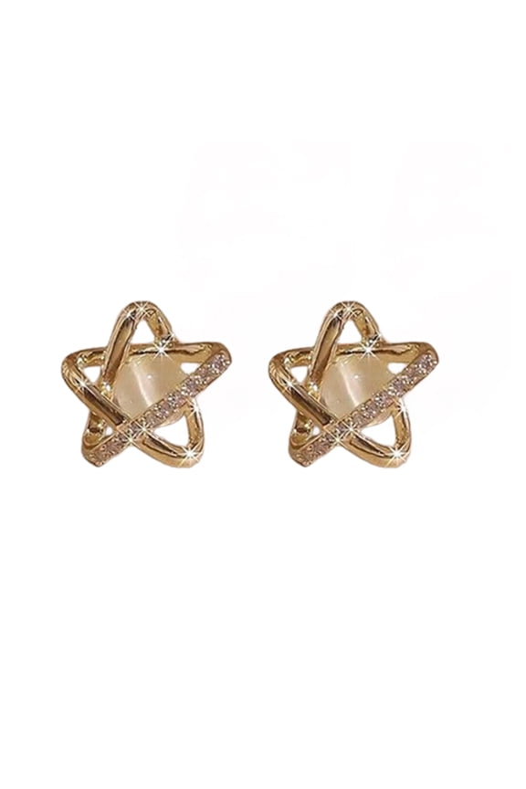 1 Pair Stud Earrings Hollow Star Shape Rhinestone Faux Opal Lightweight Alloy Ear Studs Lady Ear Jewelry for Prom Party Dating