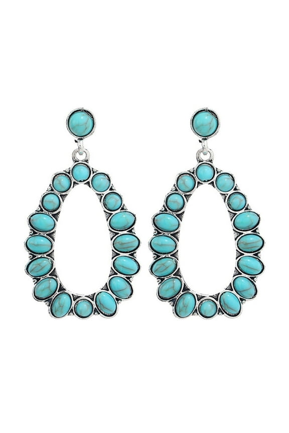 1 Pair Women Dangle Earrings Hollow Out Geometric Shape Retro Bohemian Style Faux Turquoise Stainless Alloy Ear Decoration Jewelry Long Hanging Earrings