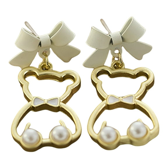 HUANLEDASH 1 Pair Women Earrings Bow Hollow Bear Shape Faux Pearl Decor Hanging Earrings Party Dating Prom Earrings Ear Jewelry