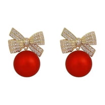 HUANLEDASH 1 Pair Women Earrings Rhinestone Bow Red Faux Pearl Stud Earrings New Year Ear Studs Prom Dating Party Earrings New Year Gift